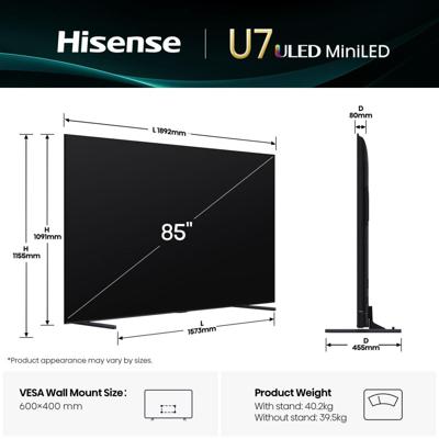 Hisense 85U7Q TV 85 inch, 4K mini led ULED, Smart TV, Hi-View AI Engine, 144 Hz Game Mode Pro, FreeSync Premium, ingebouwde subwoofer, Dolby Vision IQ Atmos, Airplay, spraakherkenning [2025]