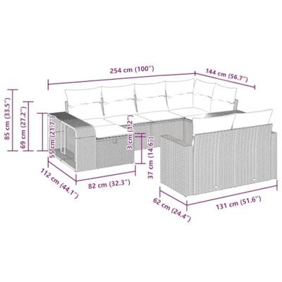 10-delige Loungeset met kussens poly rattan lichtgrijs