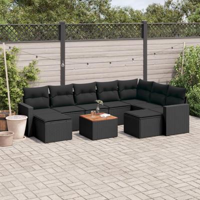10-delige Loungeset met kussens poly rattan zwart