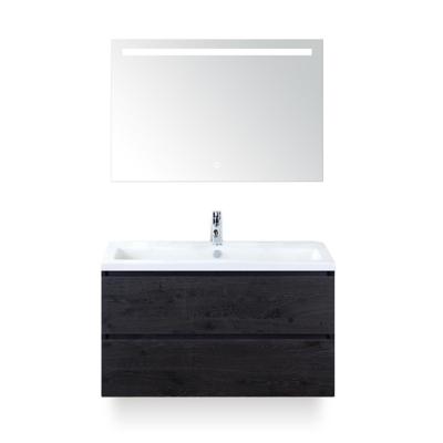 Vogue Badmeubelset 100 cm - Greeplijst in kleur - Black Oak - Keramische Wastafel Wit 1 kraangat - met Sence Spiegel
