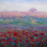 Schilderij -Handgeschilderd - Bloemenveld 100x100cm - thumbnail