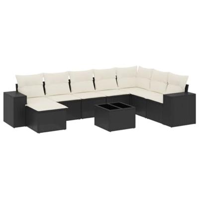 9-delige Loungeset met kussens poly rattan zwart