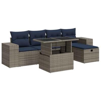6-delige Loungeset met kussens poly rattan acacia bruin