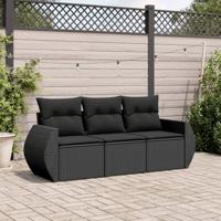 3-delige Loungeset met kussens poly rattan zwart - thumbnail