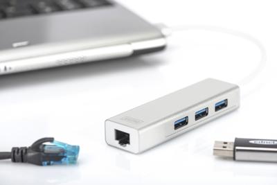 Digitus DA-70250-1 USB 3.0-hub 3 + 1 poorten Met ingebouwde netwerkaansluiting Zilver