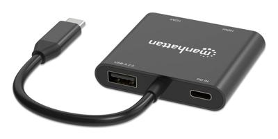Manhattan USB 2.0 Adapter [1x USB-C stekker - 4x HDMI-bus, USB 2.0 bus A, USB-C bus (Power Delivery)] 15 cm 4K UHD, Stekker past op beide manieren, Met laadbus