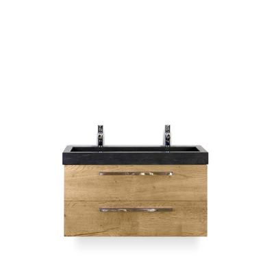 Seville Badmeubelset 100 cm - Natuur Eiken - Wastafel Hardsteen Wit Lucca 2 kraangaten