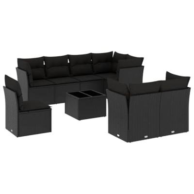 9-delige Loungeset met kussens poly rattan zwart