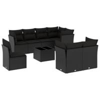 9-delige Loungeset met kussens poly rattan zwart - thumbnail