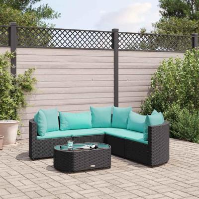 6-delige Loungeset met kussens poly rattan zwart