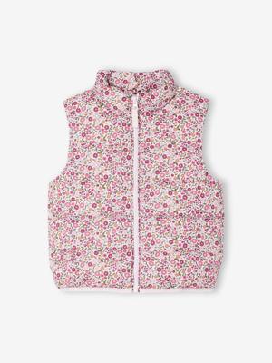 Mouwloos donsjack met bloemenmotieven voor meisjes roze, bedrukt Mouwloos donsjack met bloemenmotieven voor meisjes roze, bedrukt