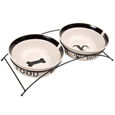 TRIXIE VOERBAK / DRINKBAK SET EAT ON YOUR FEET WIT / ZWART 2X2,6 LTR 25 CM