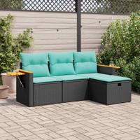 4-delige Loungeset met kussens poly rattan zwart - thumbnail