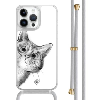 iPhone 14 Pro Max hoesje met grijs koord - Peekaboo kat