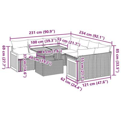 9-delige Loungeset met kussens poly rattan acacia zwart