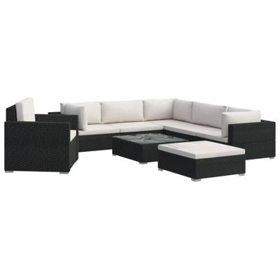 8-delige Loungeset met kussens poly rattan zwart