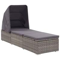 VidaXL Ligbed met luifel en kussen poly rattan grijs - thumbnail