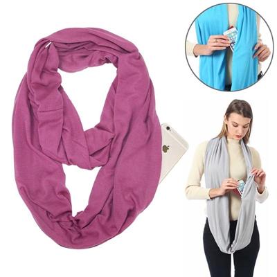 Vrouwen Solid winter Infinity Scarf Pocket lus rits zak sjaals (donker roze)