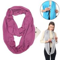 Vrouwen Solid winter Infinity Scarf Pocket lus rits zak sjaals (donker roze) - thumbnail