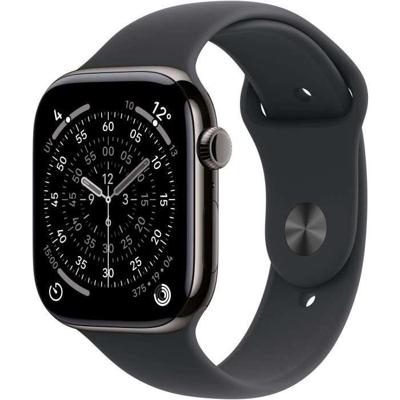 Apple Watch Series 11 GPS + Cellular 46 mm Smartwatch met kast van leisteen titanium, zwart sportbandje (M/L). Slaapscore, conditie bijhouden, gezondheid monitoren, Always‑On display, waterbestendig