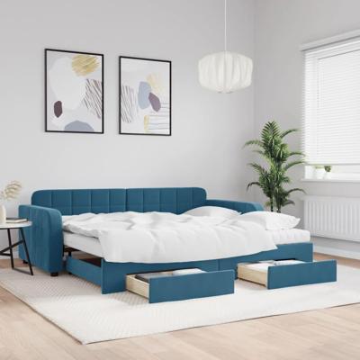 Slaapbank met onderschuifbed en lades 90x200 cm fluweel blauw