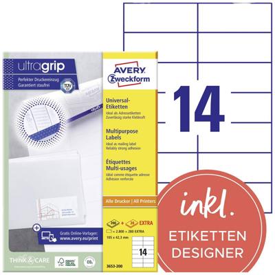 Avery-Zweckform 3653-200 Universele etiketten 105 x 42.3 mm Papier Wit 3080 stuk(s) Permanent hechtend Laser (zwart/wit), Laser (kleur)