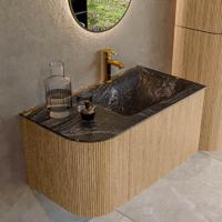 Mondiaz KURVE-DLUX 85 cm Onderkast Greeploos 1 Lade Met Deuren Oak, Wastafel Solid Surface Rechts Lava 1 Kraangat Zonder Spiegel (KRVCLO85L1L1D1KR-Oak/Lav) - thumbnail