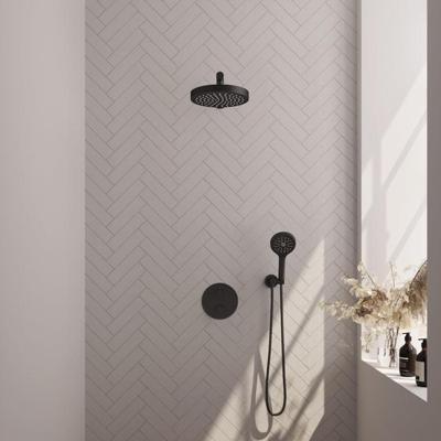 Brauer Stripe thermostatische inbouw regendouche 3-weg rond SET 40 met 25 cm douchekop en rechte muurarm en 3-standen handdouche en doucheslang en wandaansluitbocht mat zwart