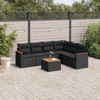 7-delige Loungeset met kussens poly rattan zwart - thumbnail