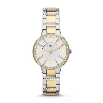 Fossil ES3503 Virginia-dameshorloge met kristalaccenten in twee kleuren van roestvrij staal Fossil ES3503 Virginia-dameshorloge met kristalaccenten in twee kleuren van roestvrij staal