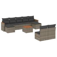 9-delige Loungeset met kussens poly rattan grijs - thumbnail