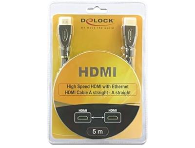 Delock 82739 HDMI-kabel HDMI Aansluitkabel HDMI-A-stekker 5 m Zwart 4K UHD, Vergulde steekcontacten, Afgeschermd (drievoudig), Verdraaid Delock 82739 HDMI-kabel HDMI Aansluitkabel HDMI-A-stekker 5 m Zwart 4K UHD, Vergulde steekcontacten, Afgeschermd (drievoudig), Verdraaid