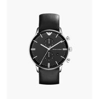 Emporio Armani heren klassiek zwart lederen band analoog horloge AR0397 - thumbnail