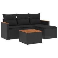 5-delige Loungeset met kussens poly rattan zwart - thumbnail