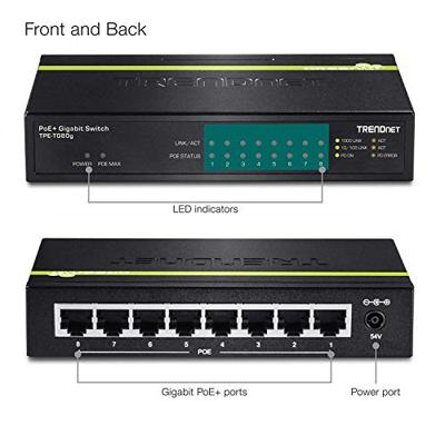 TRENDnet TPE-TG80G 8-poorts Gigabit PoE + -switch 8 x Gigabit PoE + poorten, 123 W PoE prestatiebudget, desktop ethernet-netwerkschakelaar, metaal