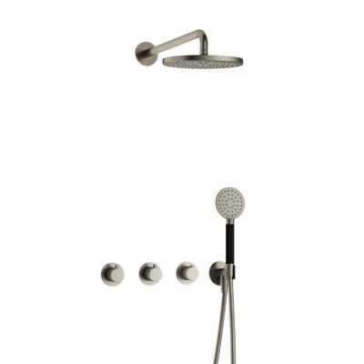 Hotbath Cobber - CB7067 - Inbouw Regendoucheset - Geborsteld Nikkel - 2 Stopkranen - Thermostatisch - Wandarm 40 cm - Hoofddouche 200 mm - Ronde Handdouche 3 Standen - Waterbesparend