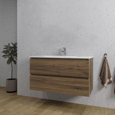 Saniclass Chaci Badkamermeubelset - 100x46x55cm - keramische wastafel wit - 1 ovale wasbak - 1 kraangat - 2 lades - noten (hout) SW1212772/SW718718