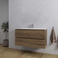 Saniclass Chaci Badkamermeubelset - 100x46x55cm - keramische wastafel wit - 1 ovale wasbak - 1 kraangat - 2 lades - noten (hout) SW1212772/SW718718 - thumbnail