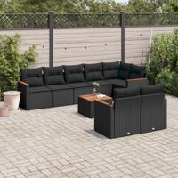 9-delige Loungeset met kussens poly rattan zwart - thumbnail