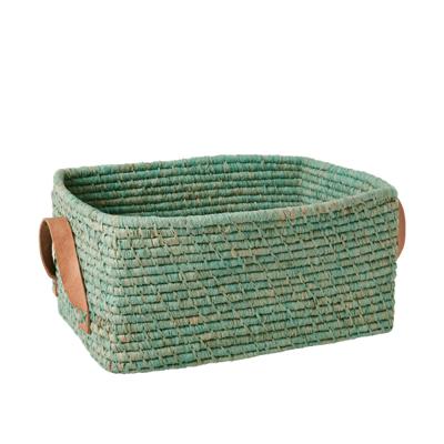 Rice - Raffia Rectangular Basket w. Leather Handle - Mint