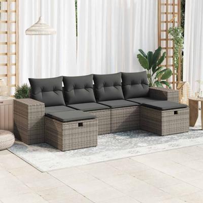 6-delige Loungeset met kussens poly rattan grijs - thumbnail