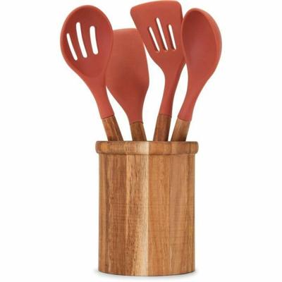 Set van 4 bestek - LIVOO - MES153 - Pot en bestek acacia FSC - Siliconen 31 cm - Pot 15 x 12 cm
