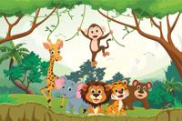 Fotobehang - Blije dieren in de Jungle, Kinderkamer, te koop in 11 maten, inclusief behanglijm - thumbnail