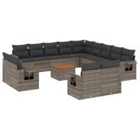 14-delige Loungeset met kussens poly rattan grijs - thumbnail