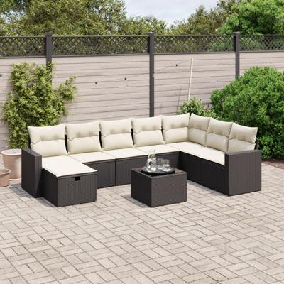 9-delige Loungeset met kussens poly rattan zwart