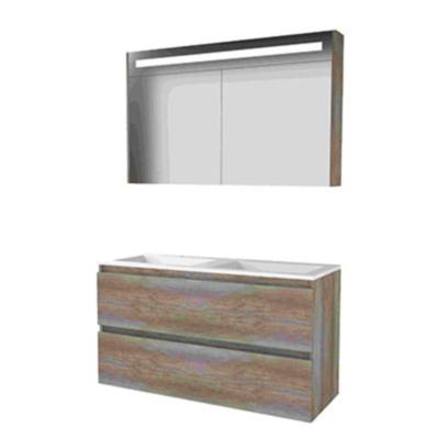 Basic-Line Premium 46 Badkamermeubelset - 120 x 46 cm - Greeploos - 2 Lades - Acryl Wastafel - 2 Kraangaten - Spiegelkast met LED Verlichting - Scotch Oak