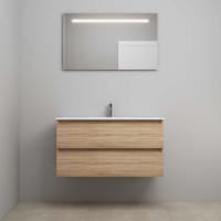 On-Line Badkamermeubelset - 100 cm - Voorgemonteerd - Porseleinen Wastafel - 1 Kraangat - Spiegel met LED-Verlichting - Eiken - thumbnail