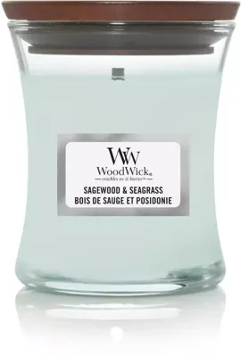 WoodWick Geurkaars Mini Sagewood & Seagrass - 8 cm / ø 7 cm - Geurkaars in Glas - Houten Lont WoodWick Geurkaars Mini Sagewood & Seagrass - 8 cm / ø 7 cm - Geurkaars in Glas - Houten Lont
