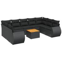 10-delige Loungeset met kussens poly rattan zwart - thumbnail
