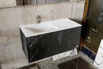 Badkamermeubel Kivi Hangend 100x47x45cm Porcelenato Black Solid Surface Wastafel 1 Kraangat Links met 2 Lades